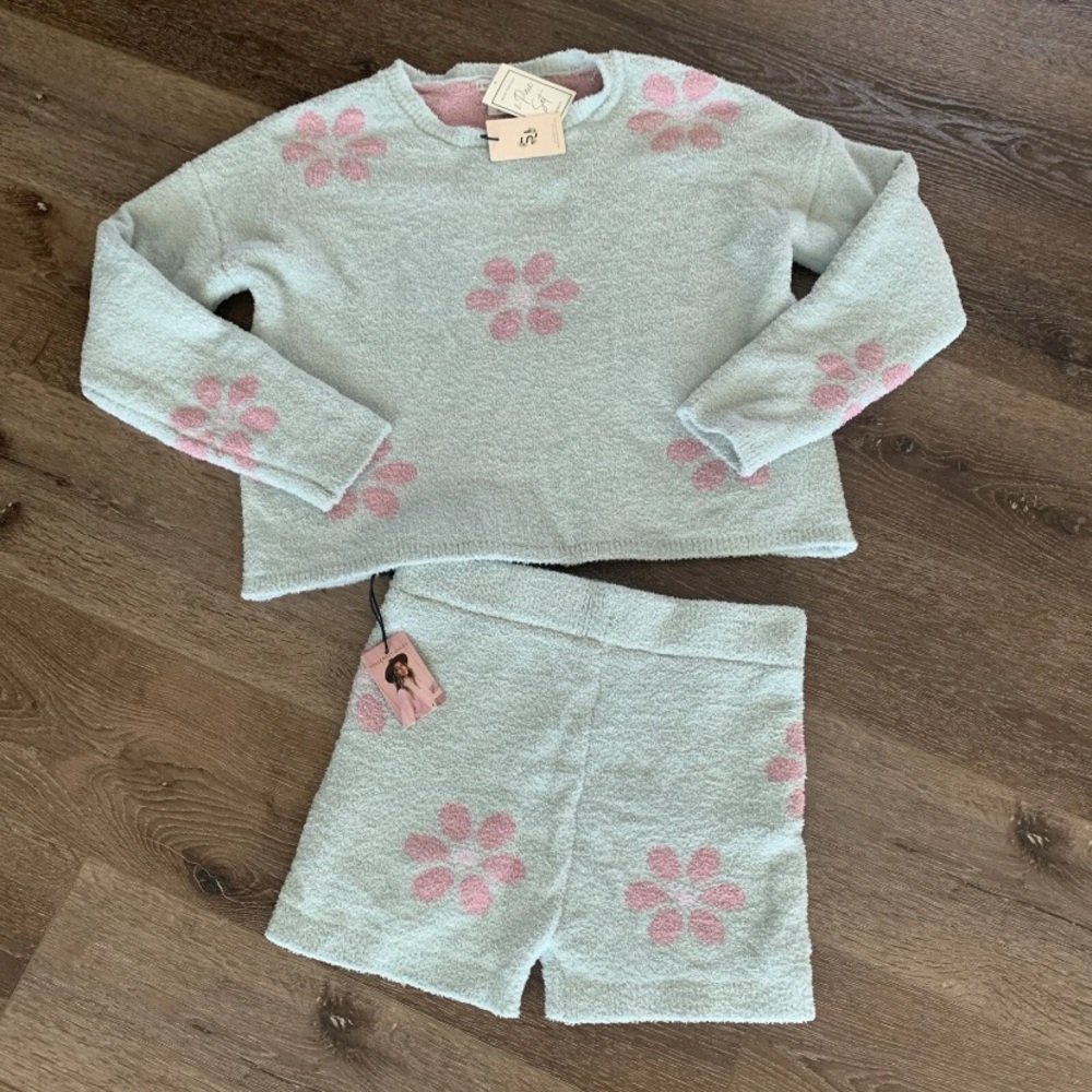 New Sincerely Jules 2PC Blue/Green with Pink Retro Flower Soft Pajama Set Medium